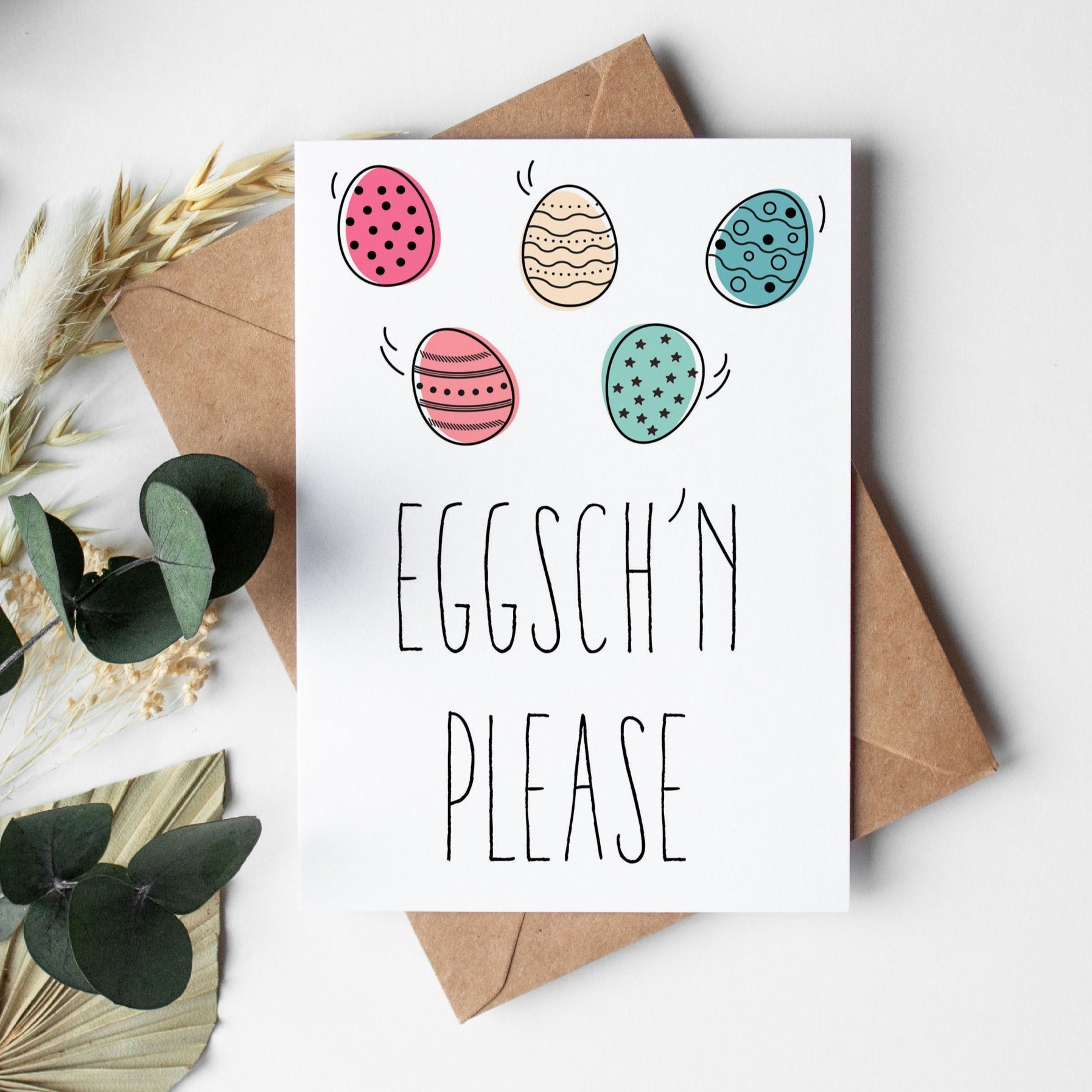 Oster Grußkarte: Eggsch´n please - bunte Eier